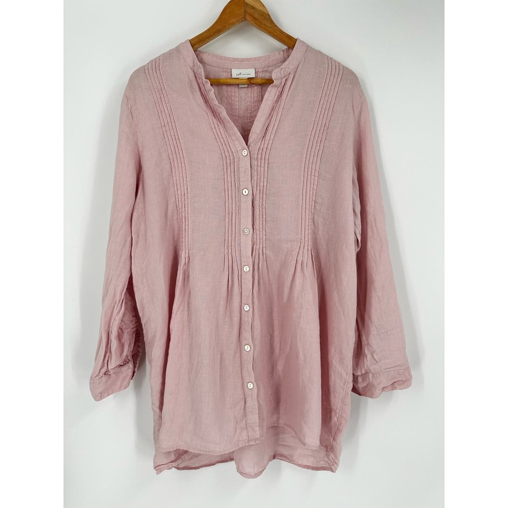 J. Jill Love Linen Pintuck Button Down Blouse Tunic Pink Size L